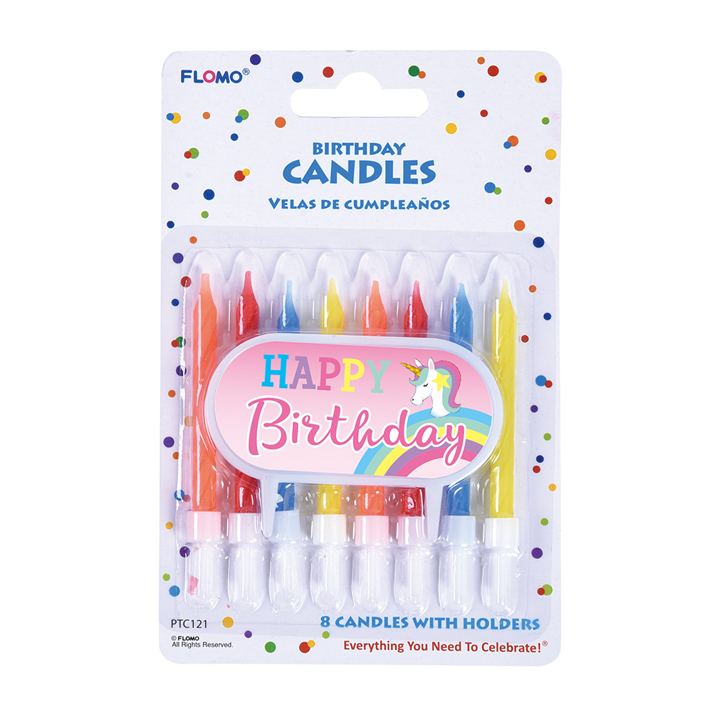 Colored Birthday Candles w/ a UNICORN Cake Decoration - 8-Packs