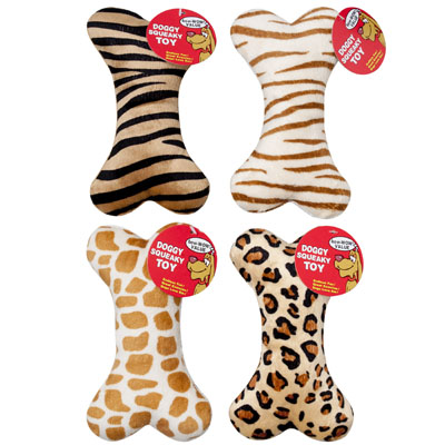 Dog Toy Plush 8 Inch Bone Withsqueaker ANIMAL Prints In Pdq