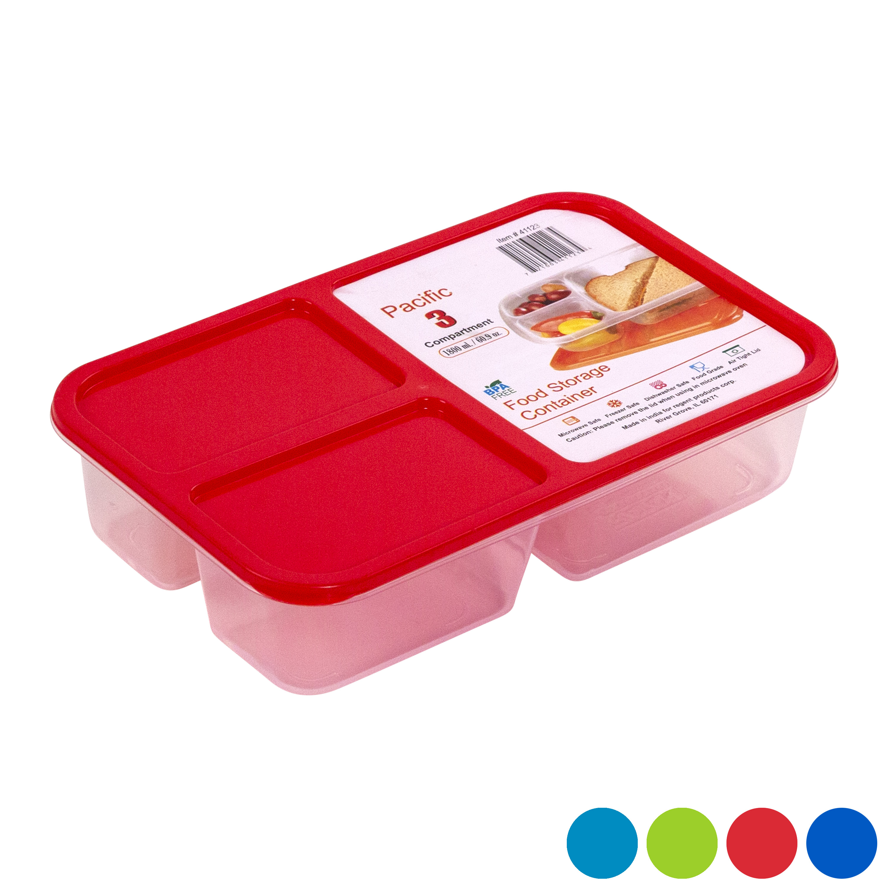 FOOD Storage Container 3 Comp Clr Bot 4 Color Lids #pacific60.9 Oz 1800ml