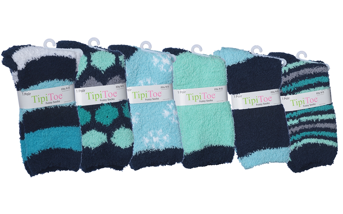 Women's Fuzzy Crew SOCKS - Blue Tone Striped/Dot/Solid Prints - Size 9-11