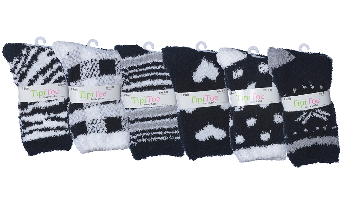 Women's Fuzzy Crew SOCKS - Black & White Prints - Size 9-11