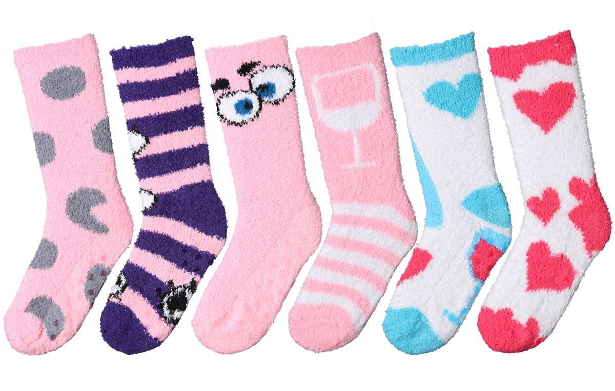 Women's Fuzzy Crew SOCKS w/ Non-Skid Grips - Cookie/Heart/Eye/Wine Prints - Size 9-11