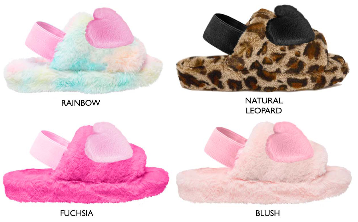 Girl's Faux Fur Slide SLIPPERS w/ Elastic Back & Heart Pom Pom