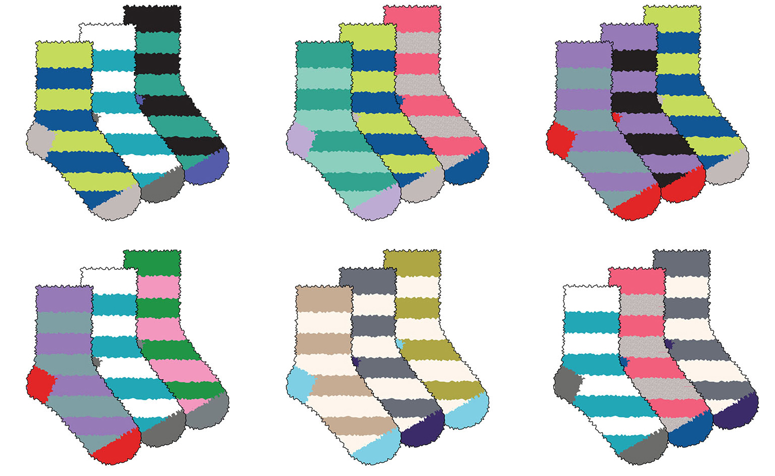 Women's Fuzzy Crew SOCKS w/ Colored Heel & Toe - Striped Prints - Size 9-11 - 3-Pair Packs