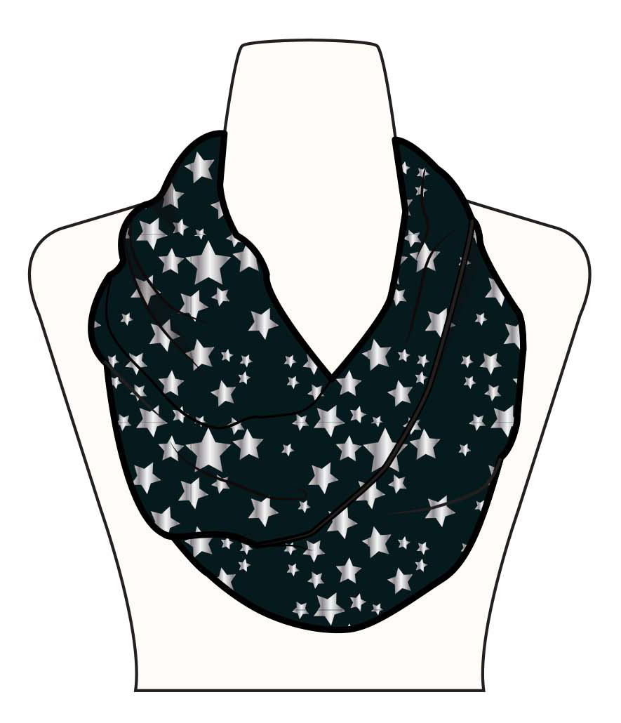 Girl's Black Lightweight Infinity SCARVES w/ Foil Print Stars