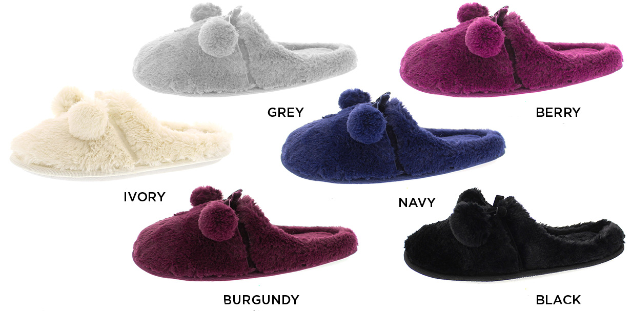 Women's Faux Fur Pom Pom SLIPPERS w/ Memory Foam Footbed