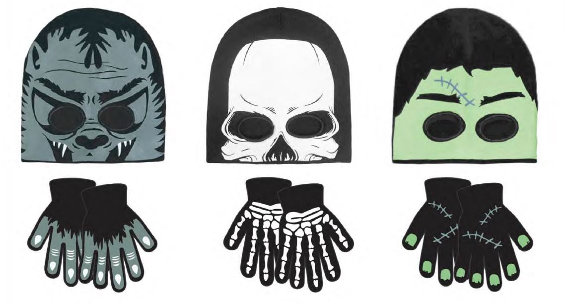 Boy's Printed HALLOWEEN Monster Beanie Hats & Gloves Sets w/ Cut Out Eyes