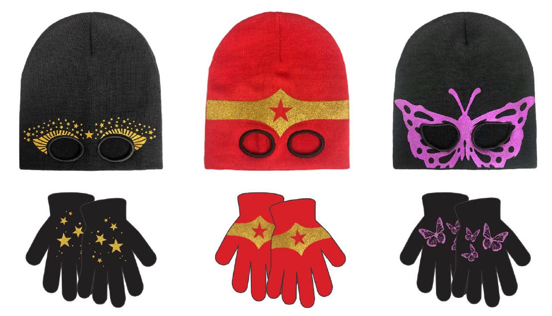 Girl's Beanie HATS & Gloves Sets w/ Cut Out Eyes & Embroidered Glitter