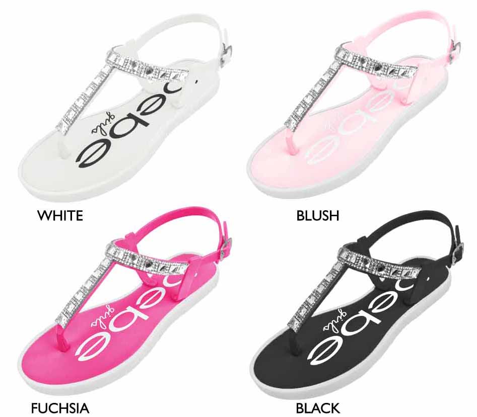 Girl's PCU Thong T-Strap SANDALS w/ Rhinestone Straps & Bebe Print Footbed