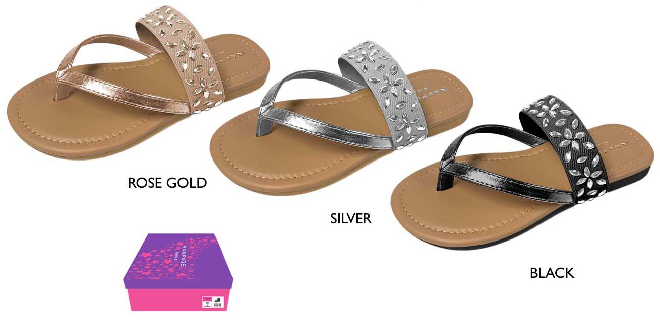 Girl's Thong SANDALS w/ Flower Rhinestones & Shimmer Straps