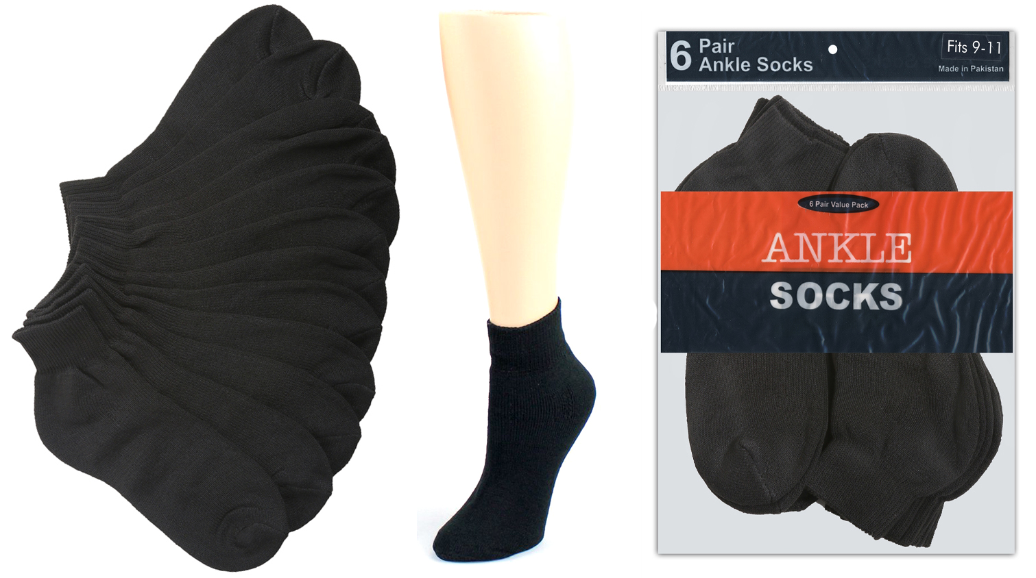 Children's Black Athletic Ankle SOCKS - Size 6-8 - 6-Pair Packs