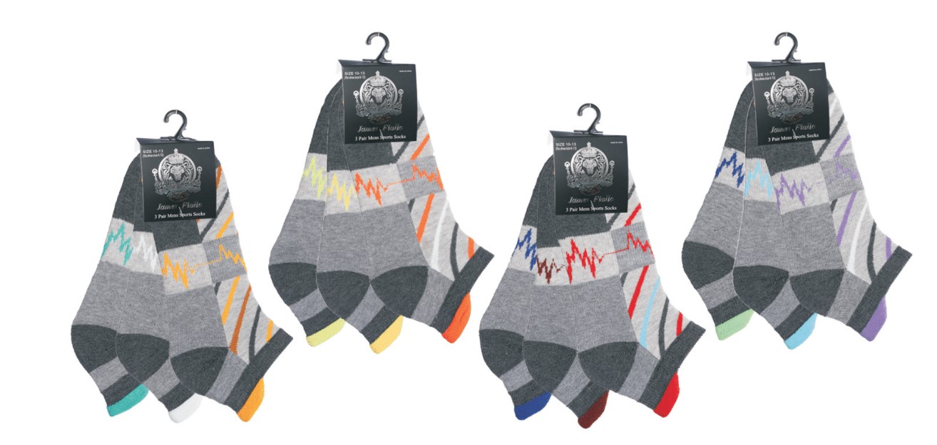 Men's Designer Athletic Ankle SOCKS w/ Two Tone Stripes & Heart Rate Print - 3-Pair Packs