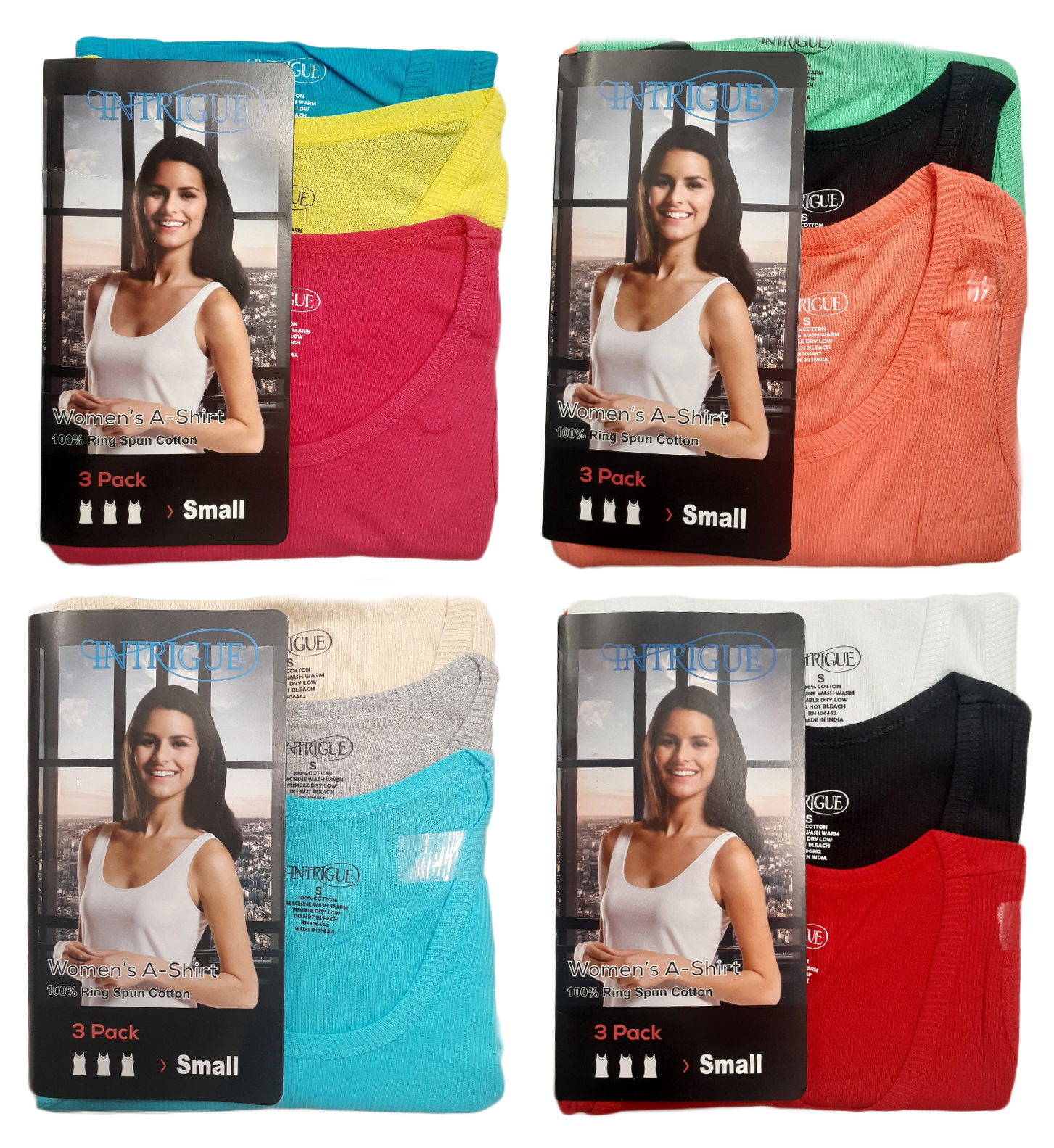 100% Cotton LADIES A-Shirts - Solid Colors - 3-Packs