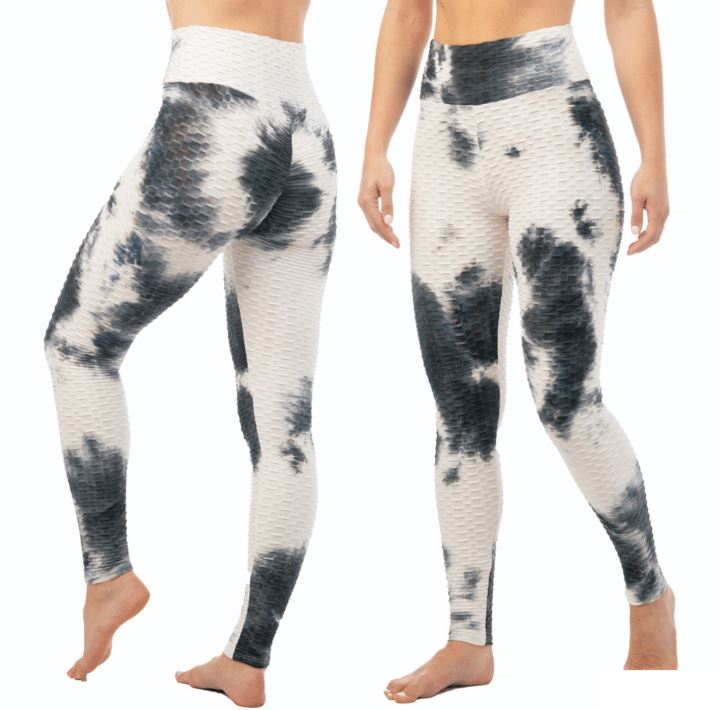 Women's Textured Anti-Cellulite Ruched LEGGINGS w/ Tie-Dye Pattern - Black & White