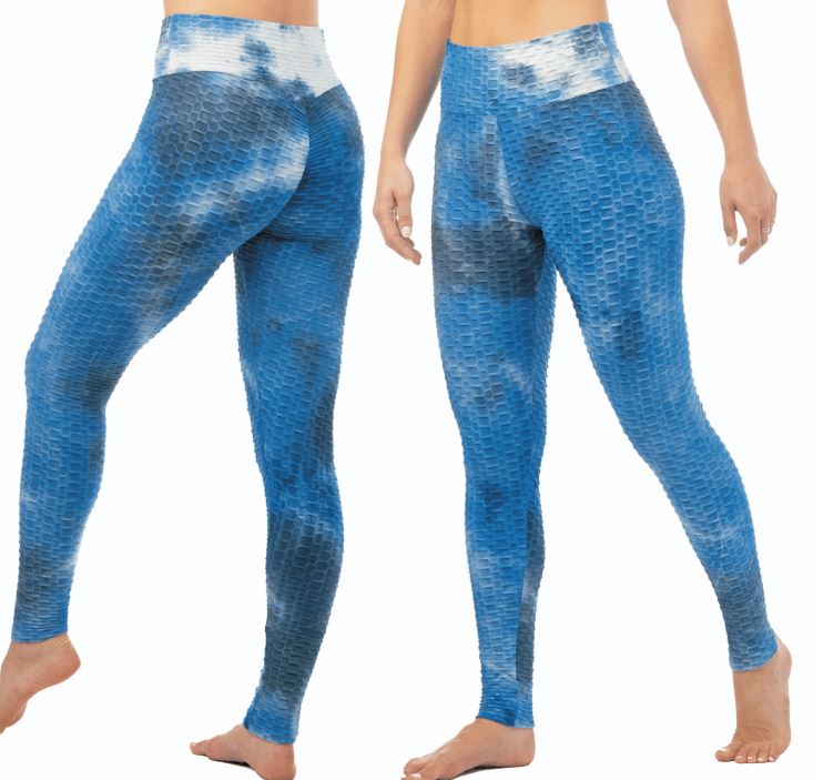 Women's Textured Anti-Cellulite Ruched LEGGINGS w/ Tie-Dye Pattern - Blue