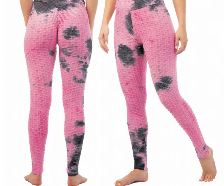 Women's Textured Anti-Cellulite Ruched LEGGINGS w/ Tie-Dye Pattern - Black & Pink