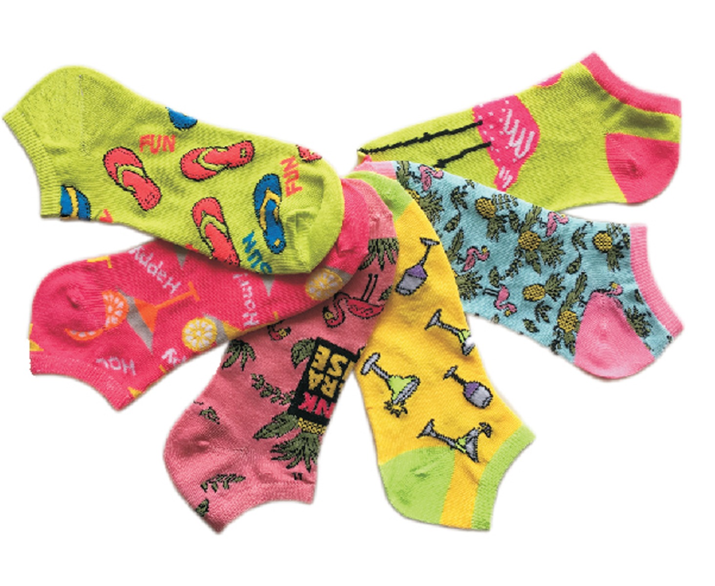 ''Women's Low Cut Novelty Socks - Margarita, Flip Flop, & PINEAPPLE Print - Size 9-11 - 6-Pair Packs''