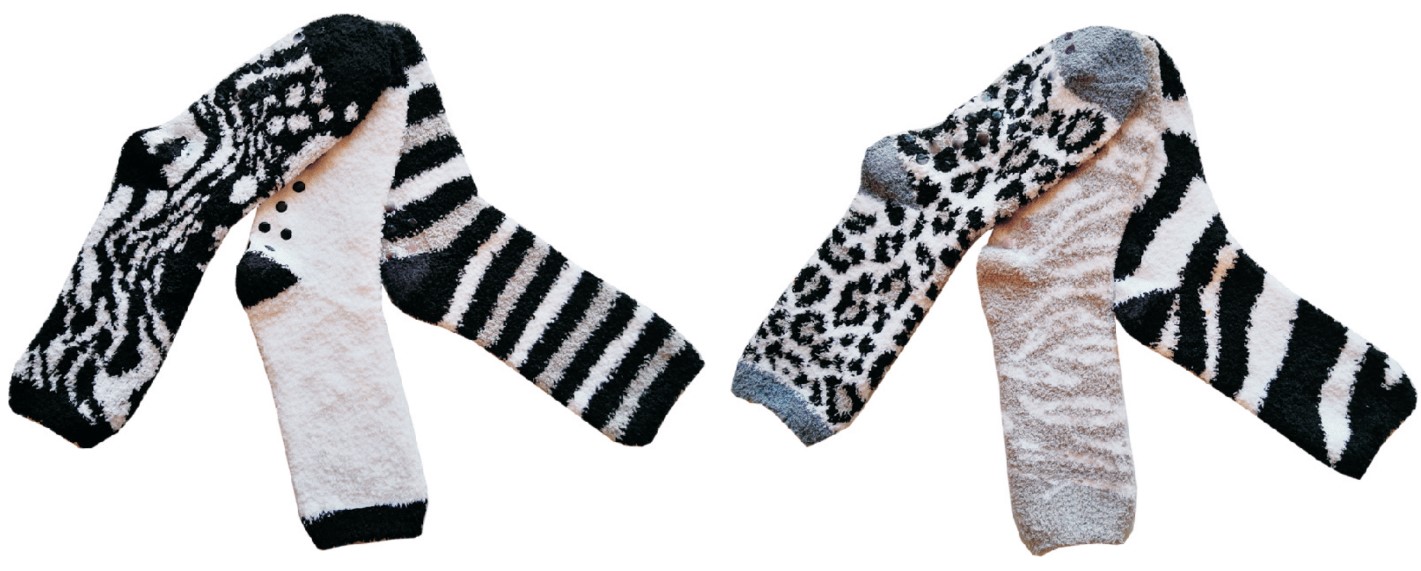 Women's Fuzzy Crew SOCKS w/ Non-Skid Grips - Jaguar & Zebra Print - Size 9-11