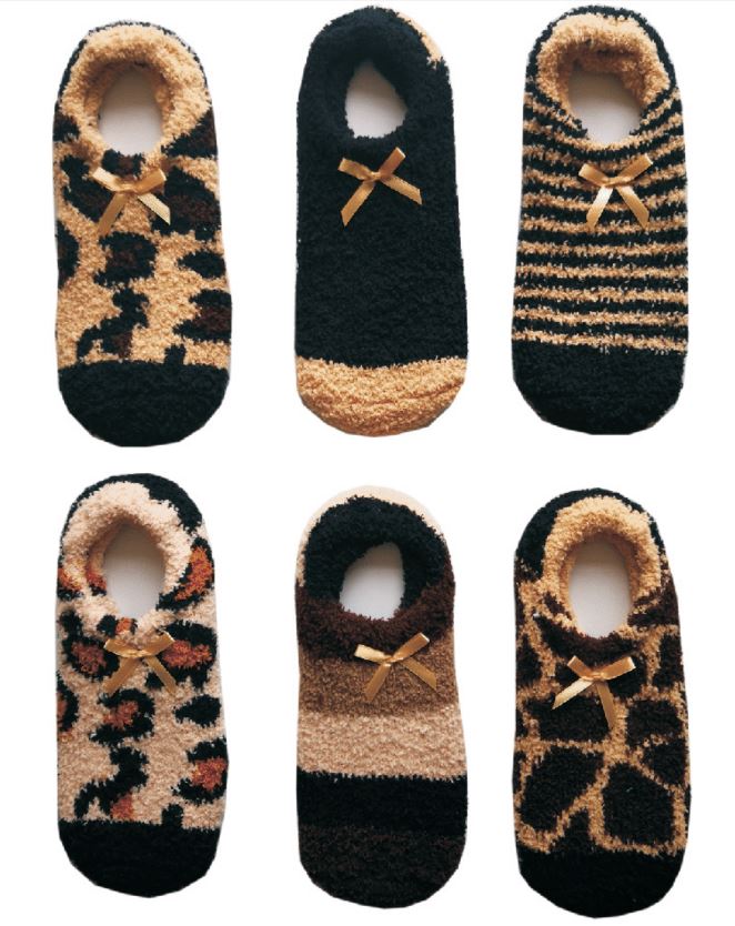 Women's Fuzzy Low-Cut SOCKS w/ Ribbon Bow - Jaguar & Giraffe Print - Size 9-11