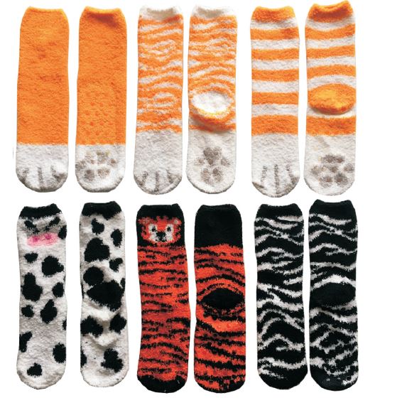 ''Women's ANIMAL Printed Fuzzy Crew Socks w/ Non-Skid Grips - Tiger, Cow, & Zebra Print - Size 9-11''