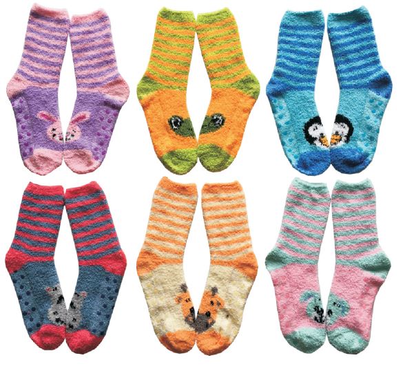 Women's ANIMAL Printed Fuzzy Crew Socks w/ Non-Skid Grips - Two Tone Stripes - Size 9-11