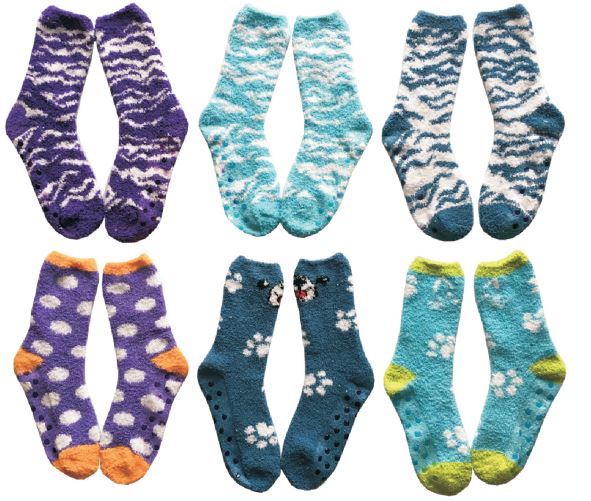 Women's ANIMAL Printed Fuzzy Crew Socks w/ Non-Skid Grips - Two Tone Dog & Zebra Print - Size 9-11