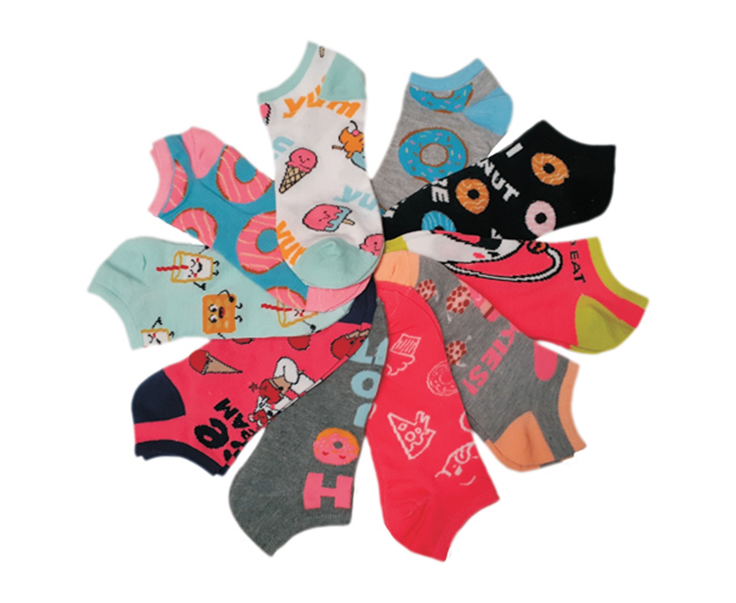 Girl's No Show SOCKS - Donut & Ice Cream Print - Size 6-8 - 10-Pair Packs