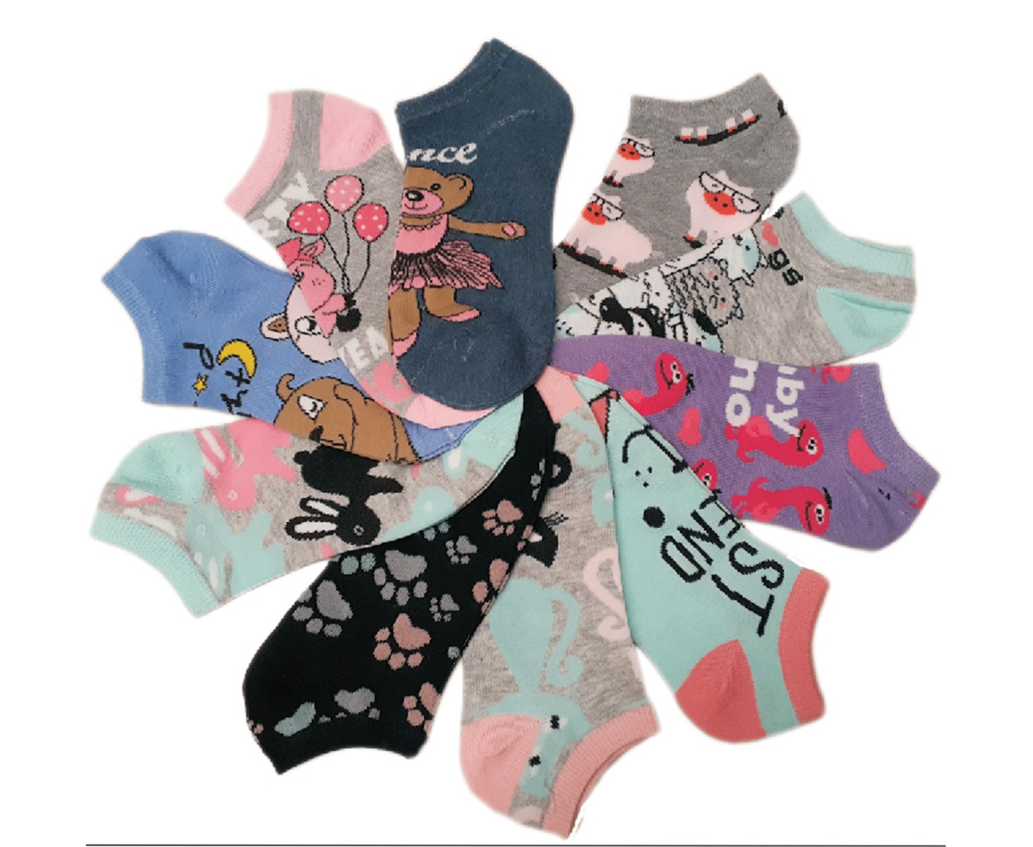 Girl's No Show Socks - Cute Cuddly ANIMAL Print - Size 6-8 - 10-Pair Packs