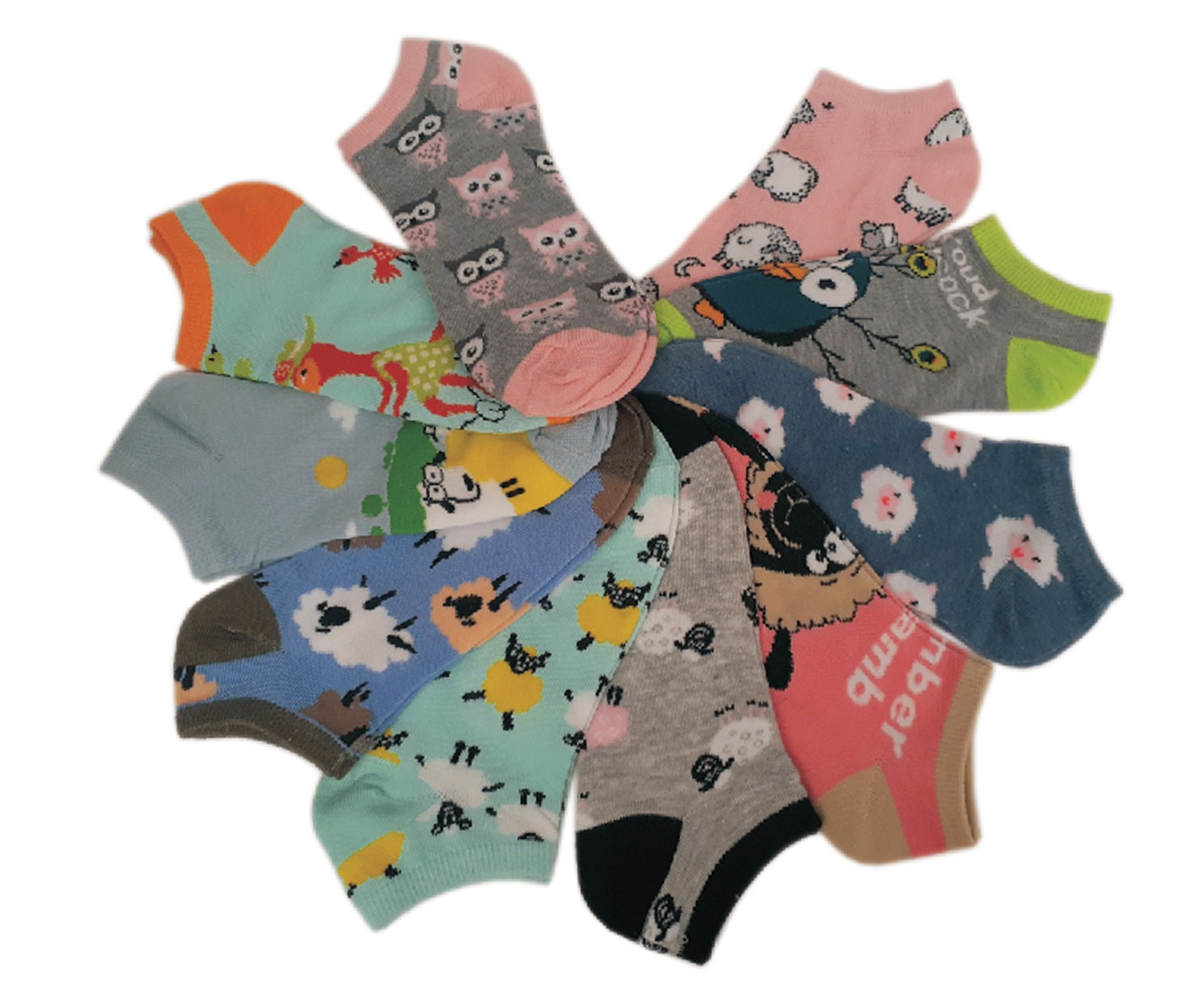 Girl's No Show SOCKS - Owl & Sheep Print - Size 6-8 - 10-Pair Packs