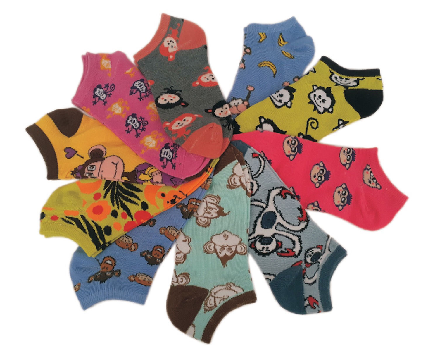 Girl's No Show SOCKS - Monkey Print - Size 6-8 - 10-Pair Packs