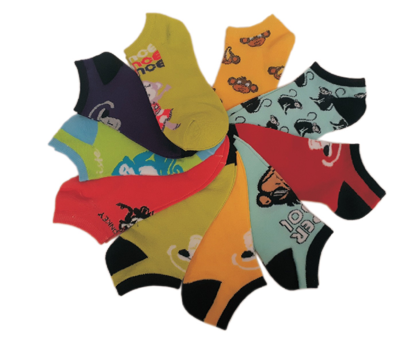 Girl's No Show SOCKS - Funky Monkey Print - Size 6-8 - 10-Pair Packs