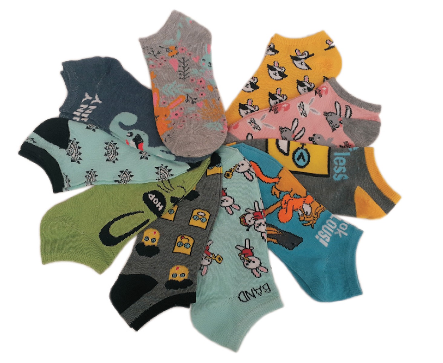 ''Girl's No Show SOCKS - Duck, Emoji, & Bunny Print - Size 6-8 - 10-Pair Packs''