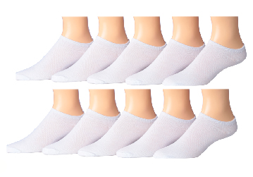 Men's No Show Novelty SOCKS - Solid White - 10-Pair Packs - Size 10-13