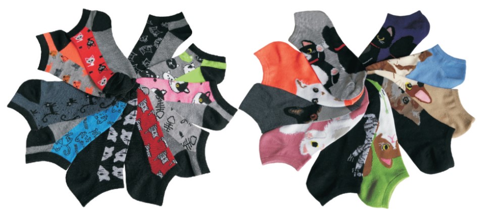 Women's Graphic No-Show SOCKS - Kitty Cat Print - 10-Pair Packs