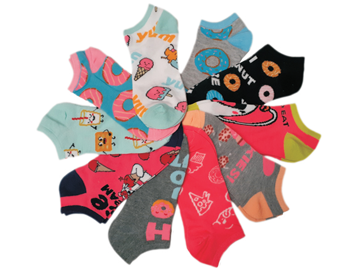 Women's No Show Novelty SOCKS - Donuts & Ice Cream Print - 10-Pair Packs - Size 9-11