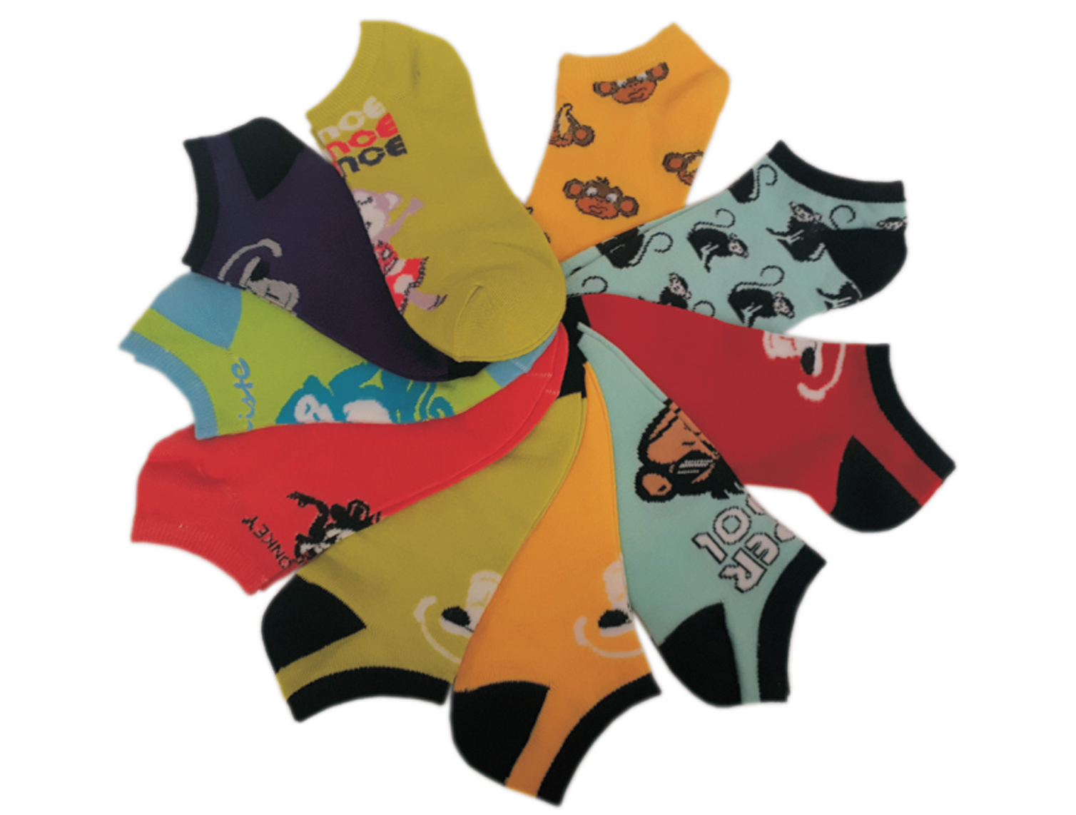 Women's No Show Novelty SOCKS - Cool Monkey Print - 10-Pair Packs - Size 9-11