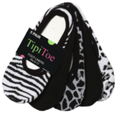 Women's No-Show Ped Sock Footliners - B&W ANIMAL Prints - Size 9-11 - 5-Pair Packs