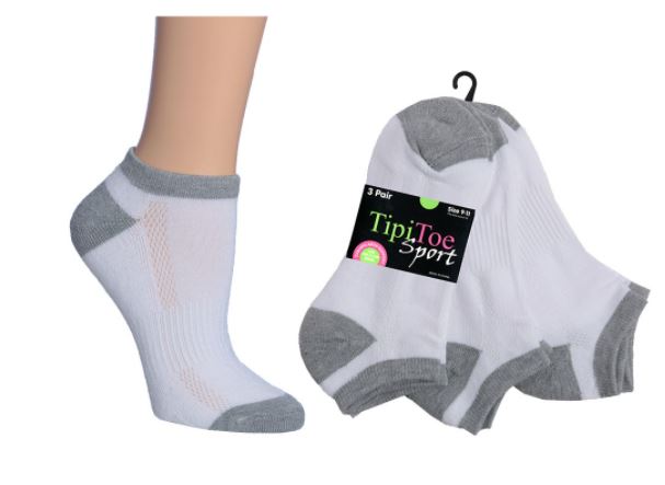 Women's Cushioned Ankle SOCKS w/ Grey Heel & Toe - White  - Size 9-11 - 3-Pair Packs