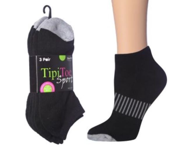 Women's Cushioned Ankle SOCK w/ Striped Patterns - Black  - Size 9-11 - 3-Pair Packs