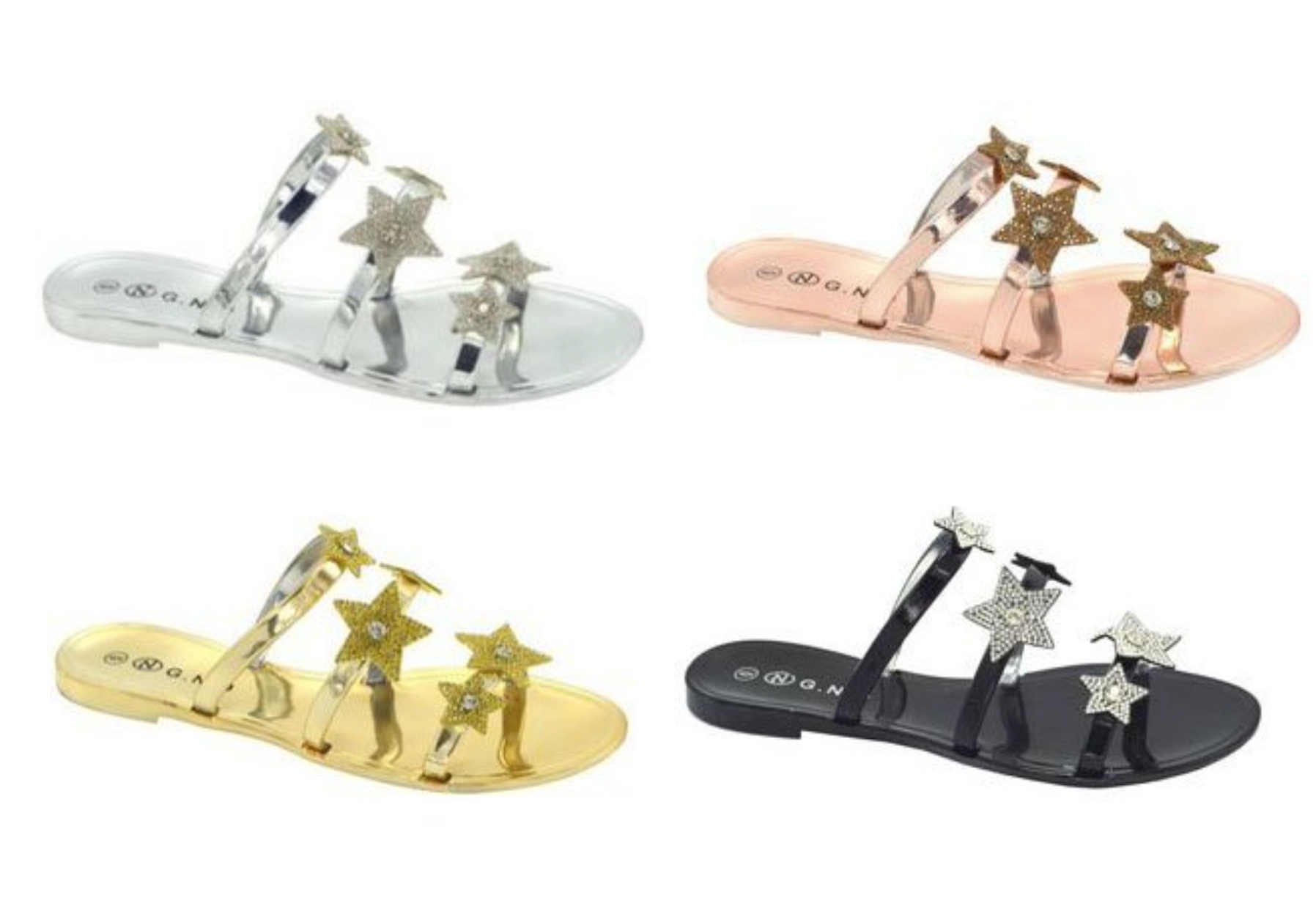 Women's 3-Strap Metallic Slide Sandals w/ Embroidered Glitter Stars - Choose Your Size(s) & Color(s)