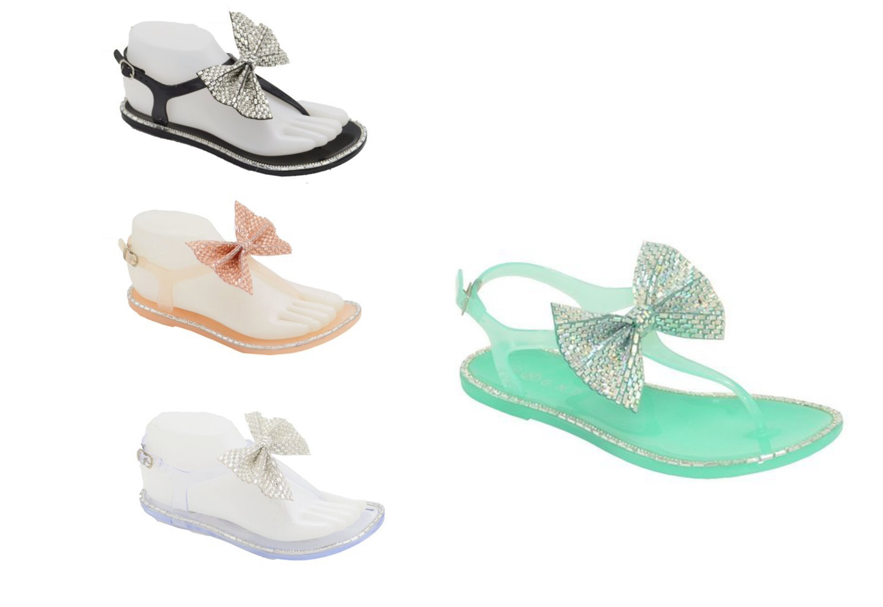 Women's Thong Flip Flop Sandals w/ Embroidered Glitter Bow & Adjustable Heel Strap - Choose Your Siz