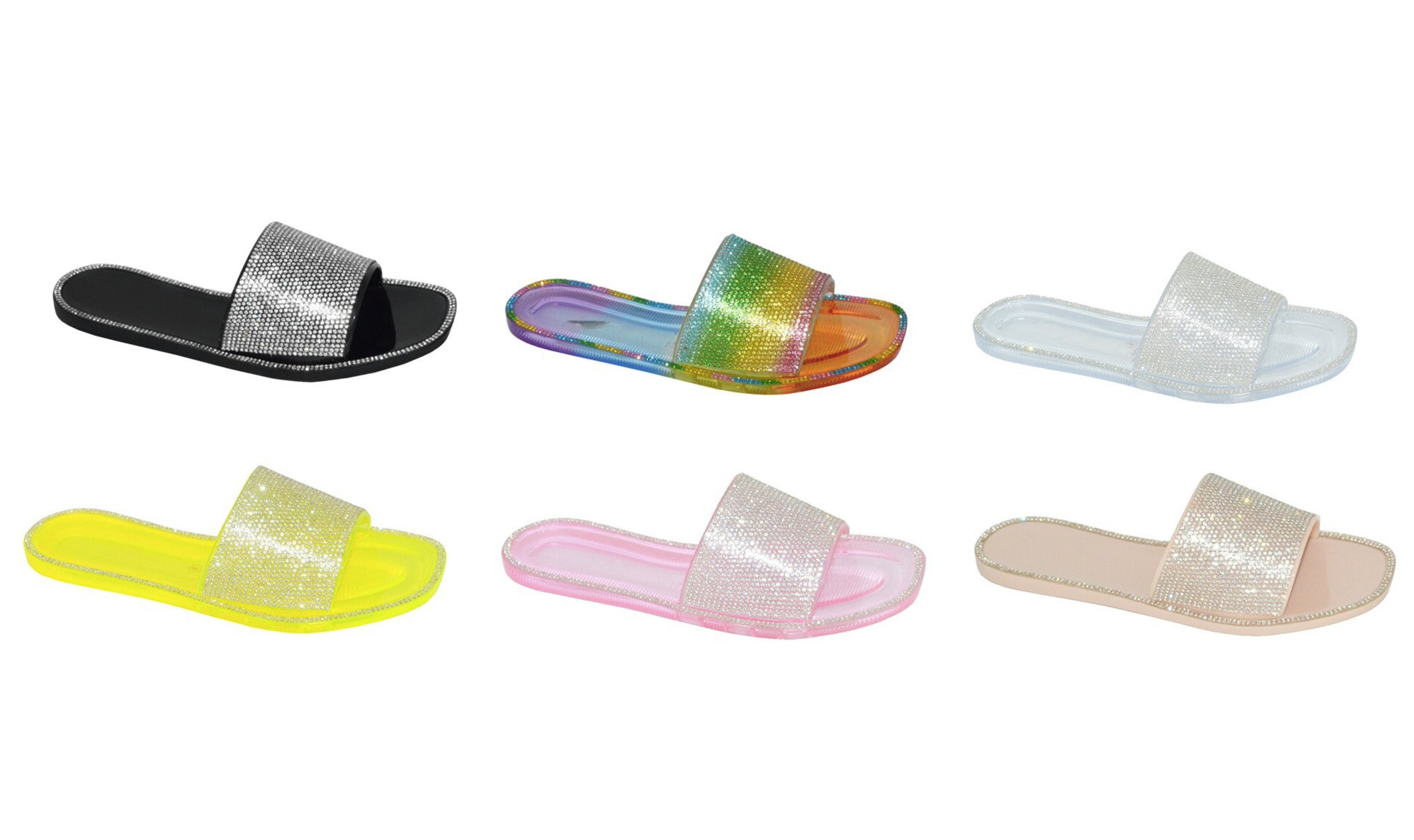 Women's Metallic Slide Sandals w/ Embroidered Gems & Footbed Trim - Choose Your Size(s) & Color(s)