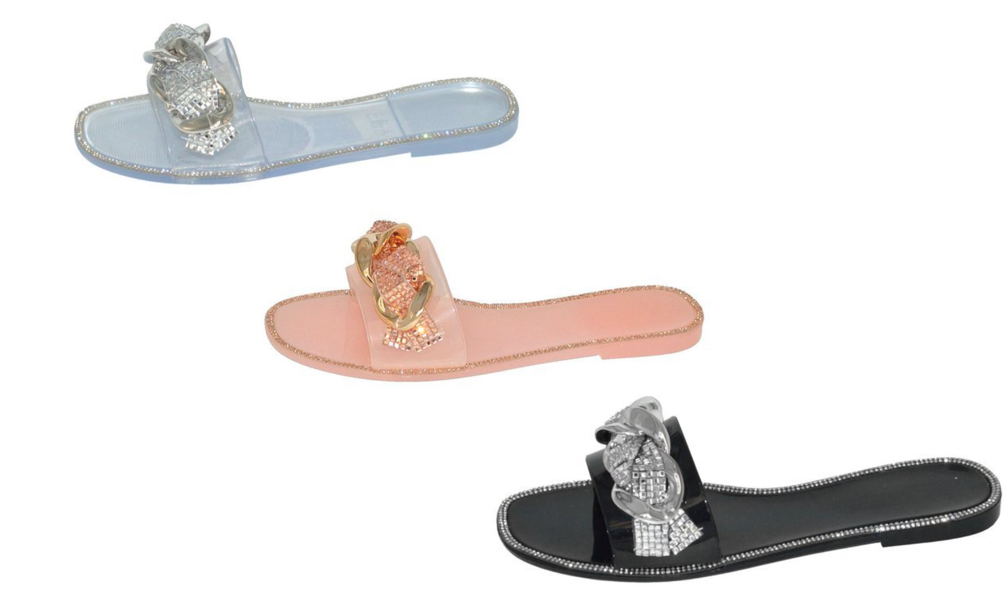 Women's Fashion Slide Sandals w/ Embroidered Gold Chain Link & Rhinestones - Choose Your Size(s) & C