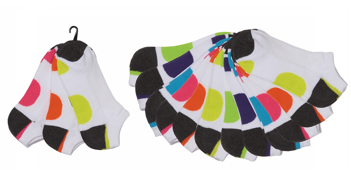 Girl's Cushioned Low Cut SOCKS - Black & White w/ Neon Dots - Size 6-8 - 3-Pair Packs