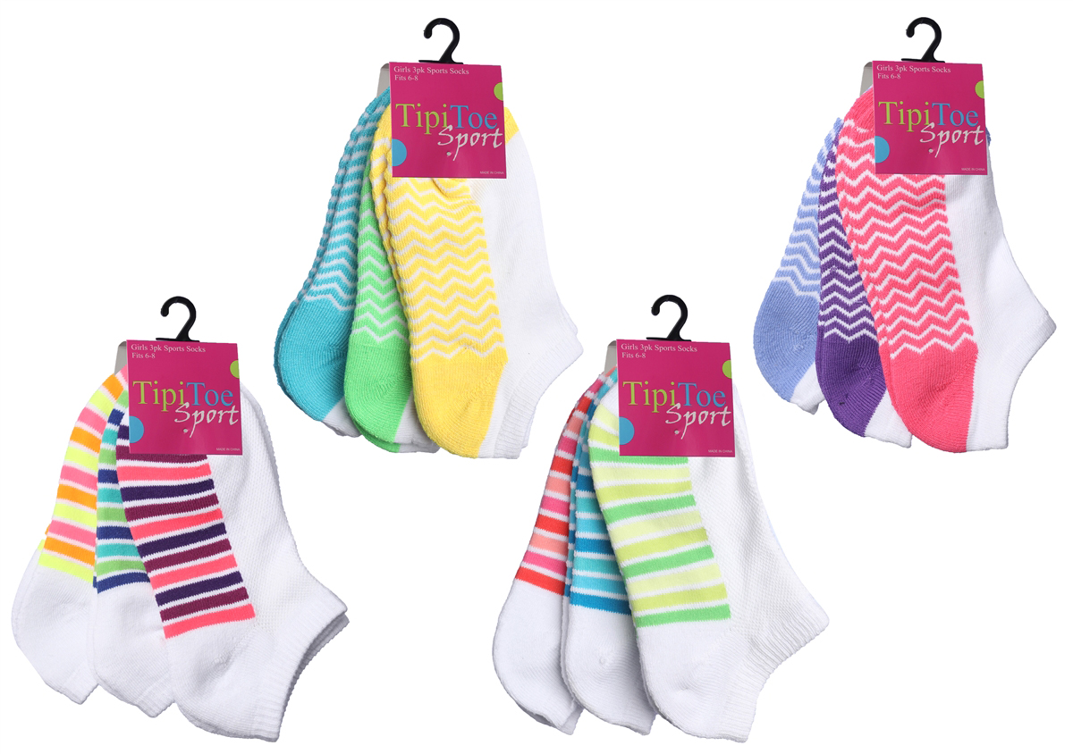 Girl's Cushioned Low Cut SOCKS - White w/ Colorful Stripes - Size 6-8 - 3-Pair Packs