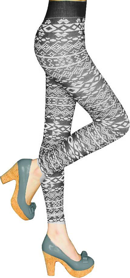 Women's Hacci Knit Fashion LEGGINGS - Black & White Tribal Print