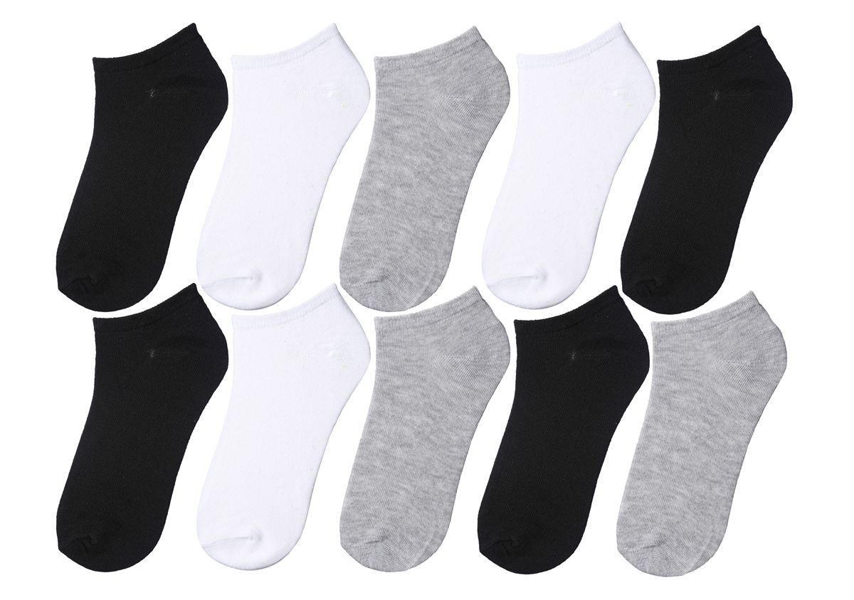 Girl's No Show SOCKS - Black/White/Grey - Size 6-8 - 10-Pair Packs