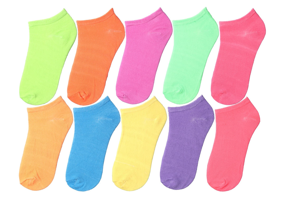 Girl's No Show SOCKS - Solid Neon Colors - Size 6-8 - 10-Pair Packs