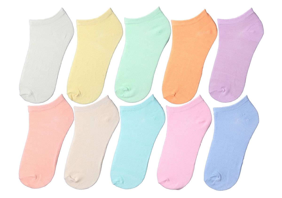 Girl's No Show SOCKS - Solid Pastel Colors - Size 6-8 - 10-Pair Packs