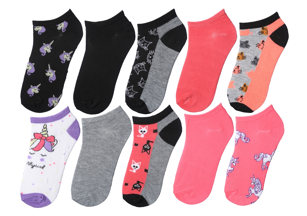 Girl's No Show Socks - Cat & UNICORN Theme - Size 6-8 - 10-Pair Packs